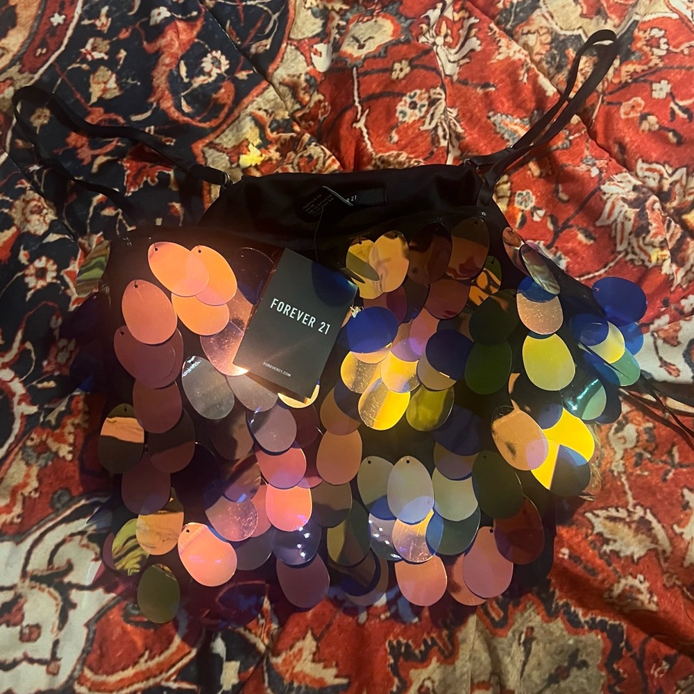 NWT Forever 21 🌈 Hippie Iridescent Rave Crop Top 👽✨🪩🎇💖